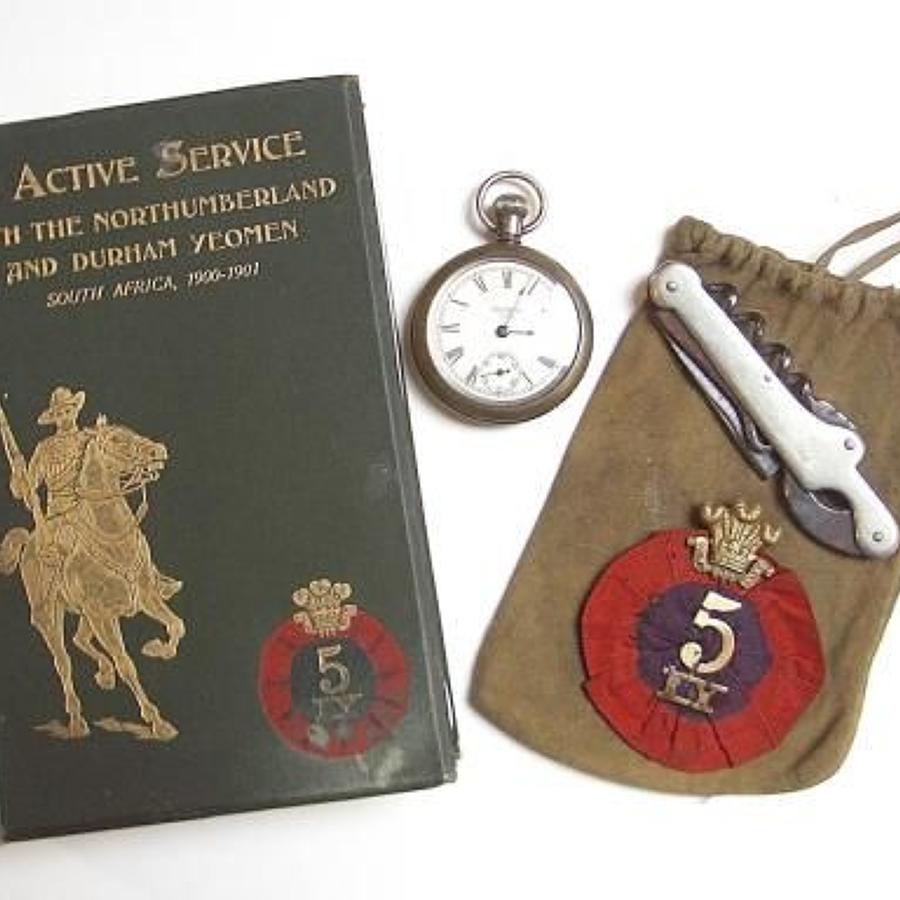 Boer War 5th IY Rosette, signed unit history, pochet watch & knife